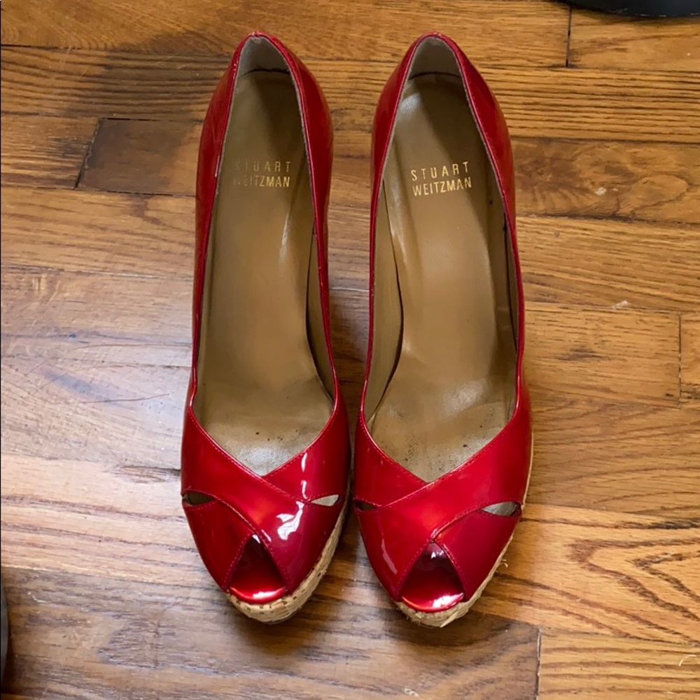 Stuart Weitzman red patent leather peep toe pumps